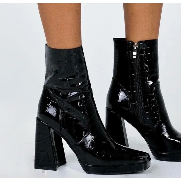 Princess Polly Black Patent Croc Chunky Heel Platform Ankle Boots Size 8 - Picture 2 of 5